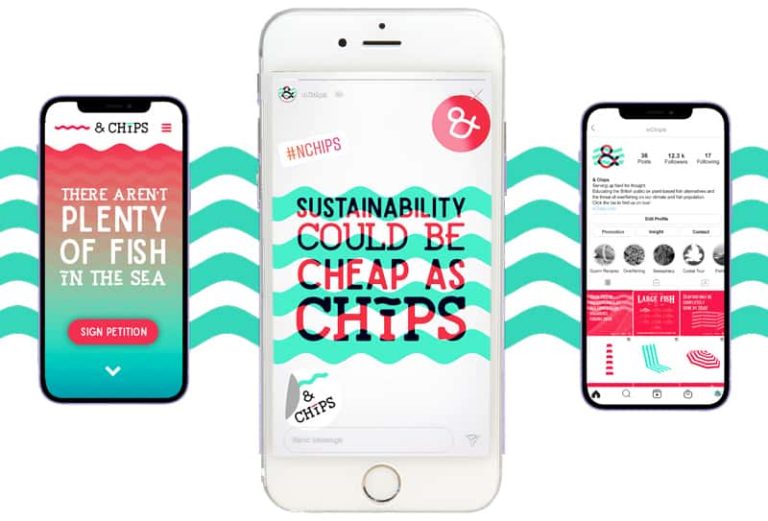 Social media assets for nChips campaign by Reiss Tozer, Iona Mound and Ben Mountford. Slogans around sustainability and overfishing in bright pink typography, with graphic blue wavy lines overlaid, mocked up on an iPhone as if posted on instagram