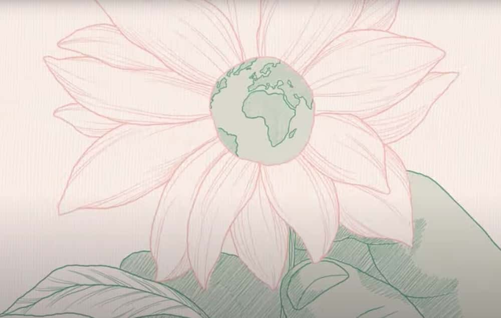 Image showing Illustration line art of a person with green hands holding a pink flower with a drawing of the earth in the centre of the flower