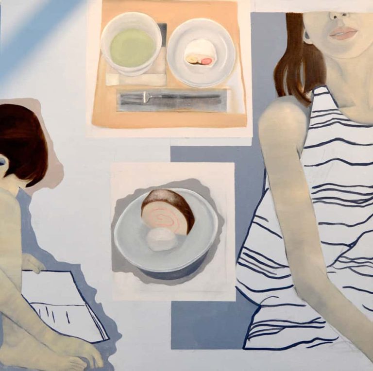 Image showing collage painting of person in white and blue stripped vest with a plates of food and a person reading a book