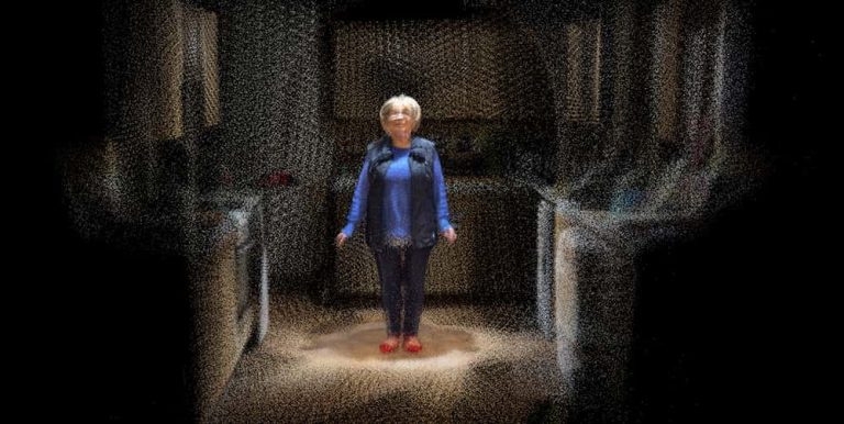 Image showing photograph of 3D site mapping of a old person wearing blue standing in the middle of a kitchen