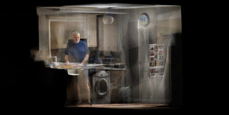 Image showing photograph of 3D site mapping of a old person wearing blue cutting food in a kitchen