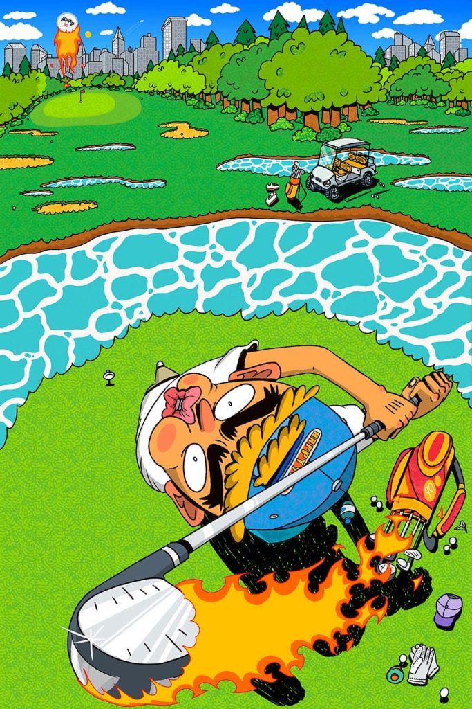 Illustration showing person from above playing golf on a course with a river