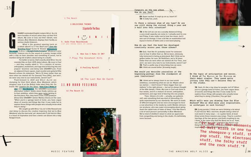 Editorial design about alternative rock band Wolf Alice. Sans serif typography, mixed with hand drawn elements to give a notepad feel to the design.