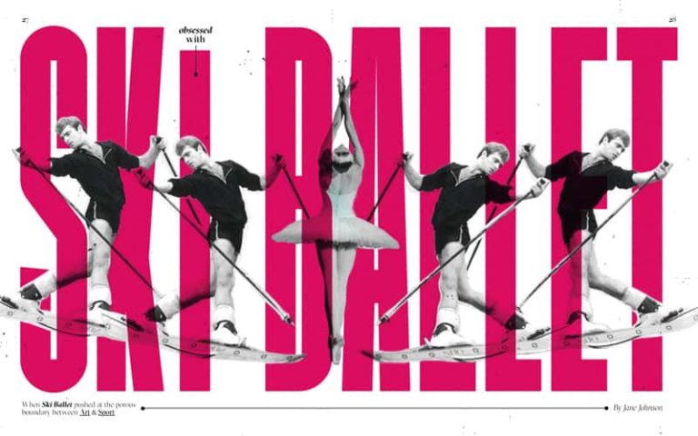 Editorial design for an article on ski ballet. On a white background, in large sans serif coloured magenta pink are the words 'ski ballet', stretching across the height and width of the page. Woven in between the letters are black and white photos of skiers, with a ballerina in the centre