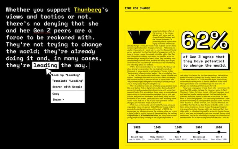 Editorial design for an article around Gen Z using a black, yellow and white colour scheme. The left hand page is coloured black with white introduction text on. Some words are highlighted and underlined, as if it's a link, and another word has a white background and a pop up menu, as if it has been right clicked. On the right hand page, the background is coloured yellow with black editorial text. Large statistics have been pulled out in a white font.