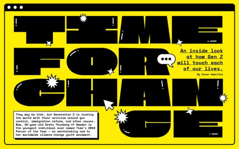 Editorial design for an article on Gen Z with a digital message theme. On a yellow background, large black bubble typography says 'time for change'. On top of some of the letters are text message bubbles, cursors and star shapes.