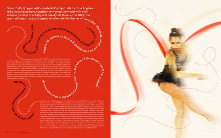 Editorial design on rhythmic gymnastics. The left-hand page is red with white and black text. Typography is laid out on wavy, swirling lines, mimicking ribbons used in rhythmic gymnastics. On the right, a photograph of a gymnast in motion, with swirly lines and ribbons surrounding her.