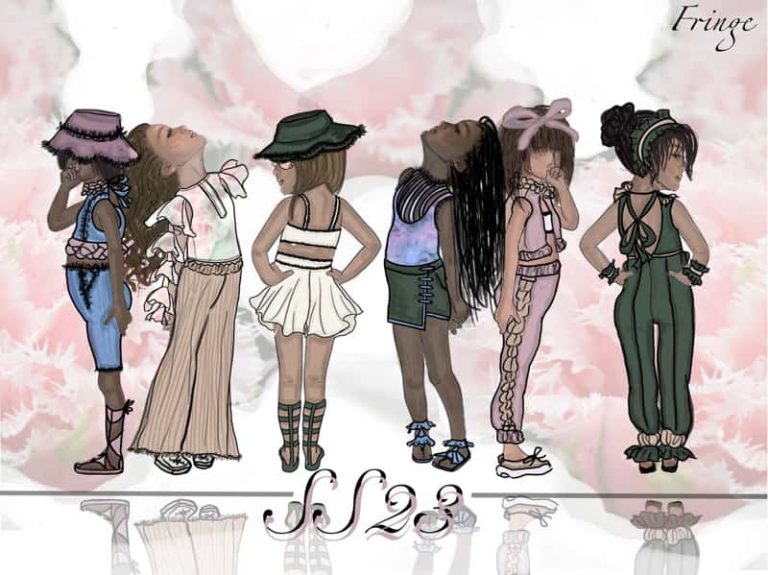 Fashion collection line up illustration for childrenswear brand 'Fringe', by Katrin Dimitrova BA Fashion. Six female child models wearing a variety of clothes such as trousters and tops, dresses, skirts and jumpsuits