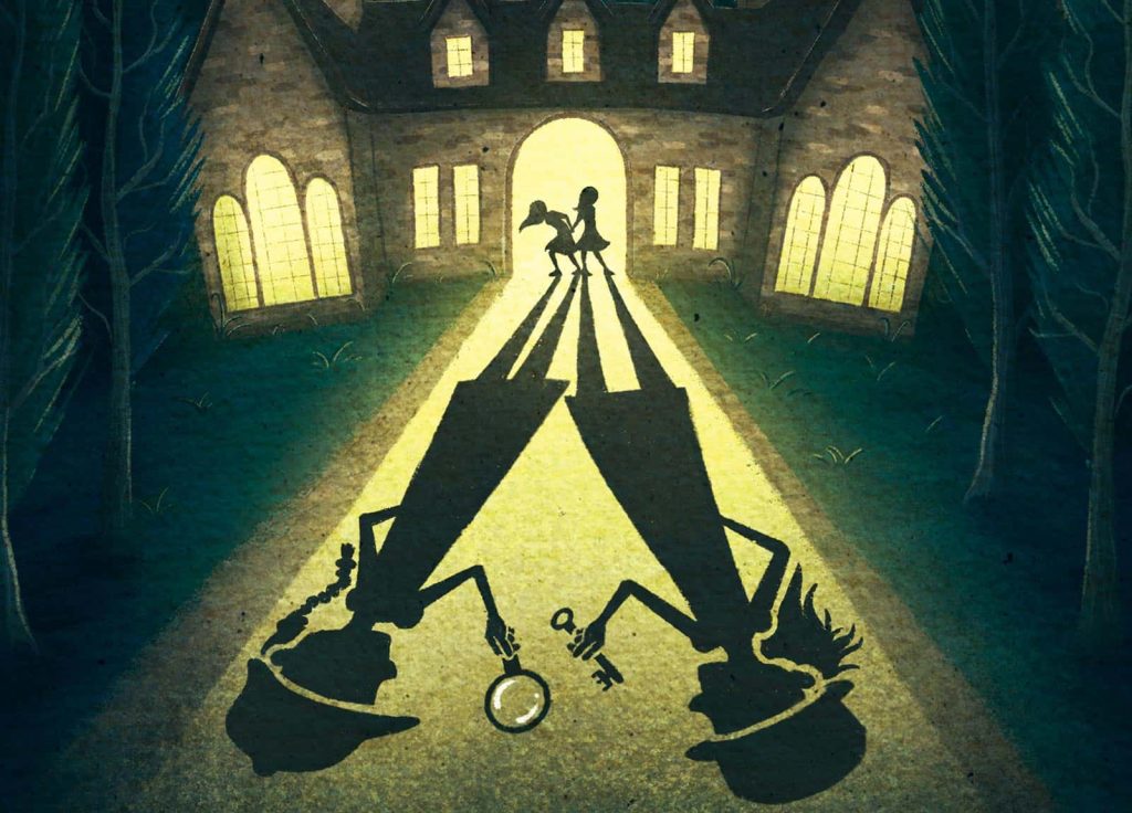 Detail from book cover illustration for children's novel 'Murder Most Unladylike', by BA Illustration student Georgie McAndrew. Two figures are in the entrance of a large, old mansion. They are illuminated by a yellow light, creating large shadows down the pathway to the entrance.