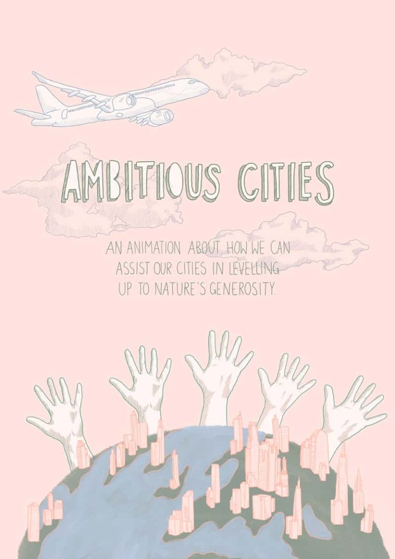 A digital illustration of half of the earth at the bottom of a pink page. From the earth are multiple hands reaching up, alongside towering skyscrapers. At the top of the page, an aeroplane flies above hand-drawn typography 'Ambitious Cities'