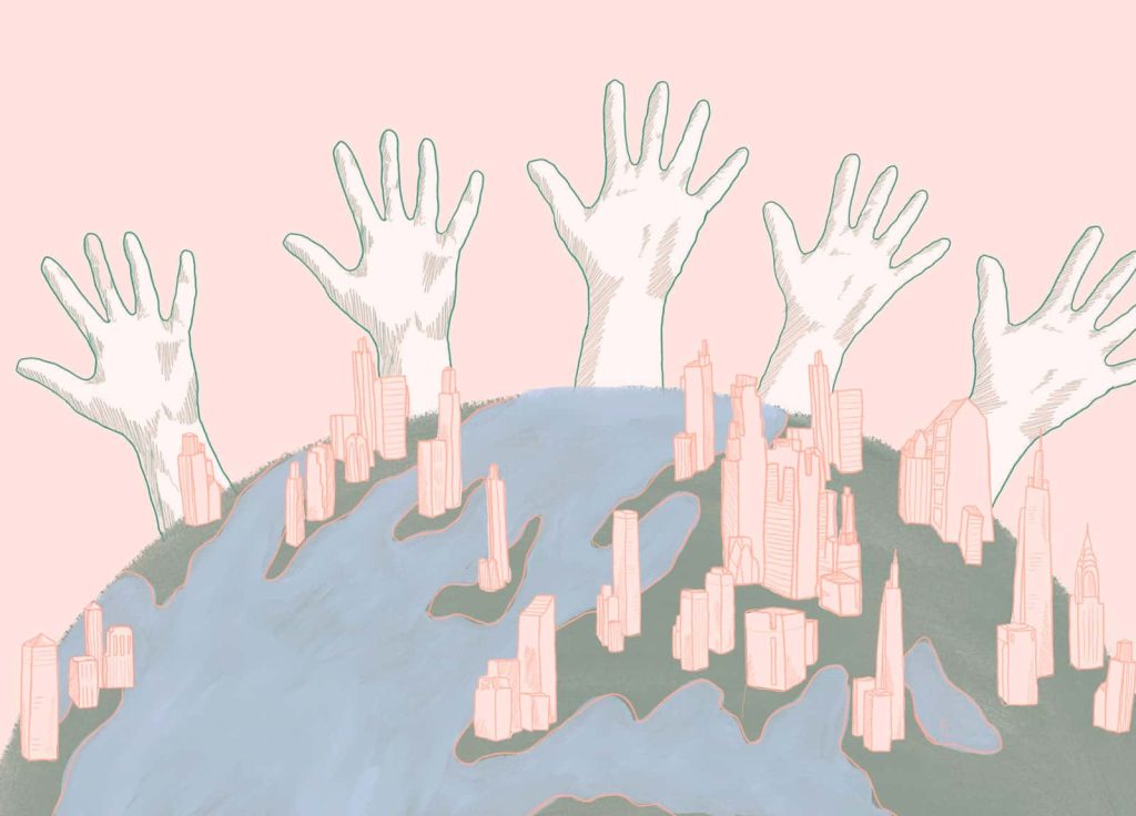 A digital illustration of the earth with multiple hands reaching up, alongside towering skyscrapers, on a pale pink background