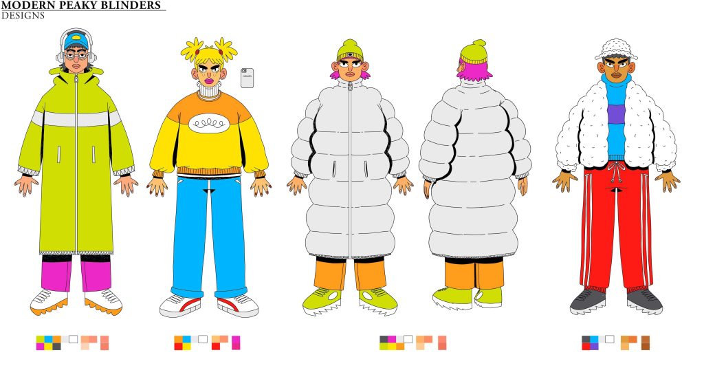 Illustration of diverse fashion designs labelled "Modern Peaky Blinders." Shows four individuals in colourful, eclectic outfits including a long coat, puffer jacket, and bold pants. Each has unique accessories and hairstyles.