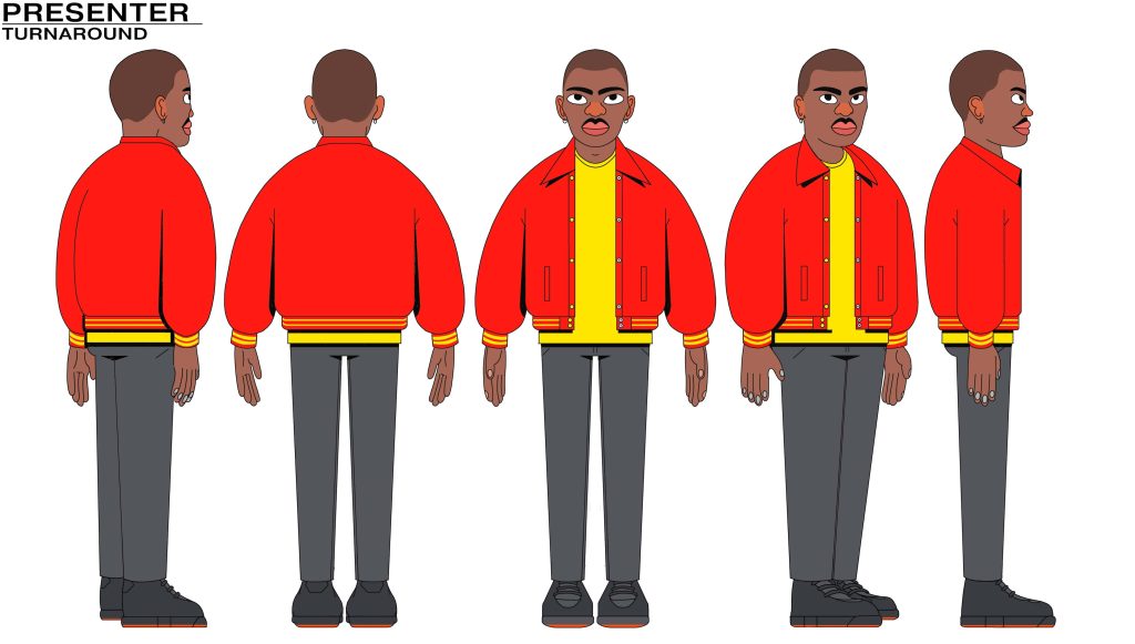 Image showing Turnaround sheet featuring a person in a yellow top and red jacket standing