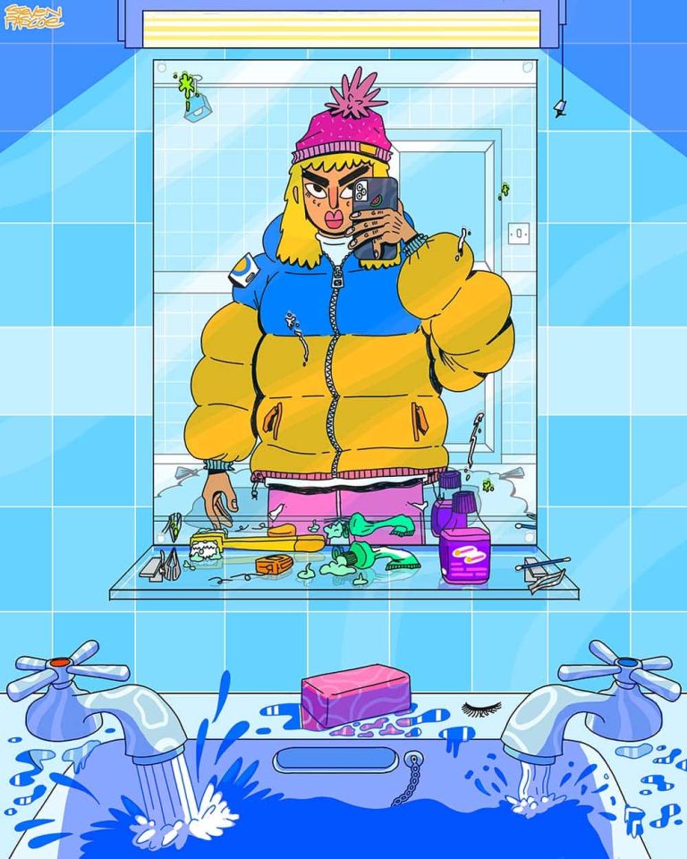 Illustration showing person taking image in bathroom wearing yellow and blue coat