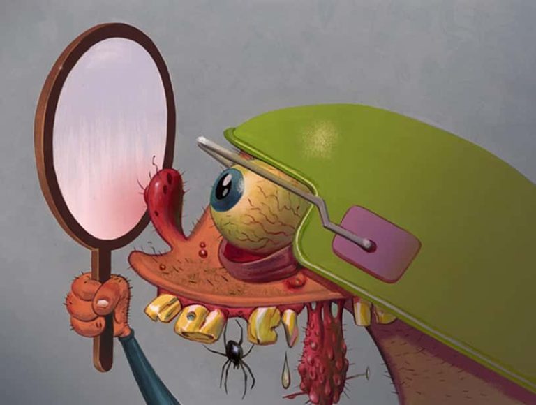 Illustration of cartoon brain with green hat looking in hand mirror