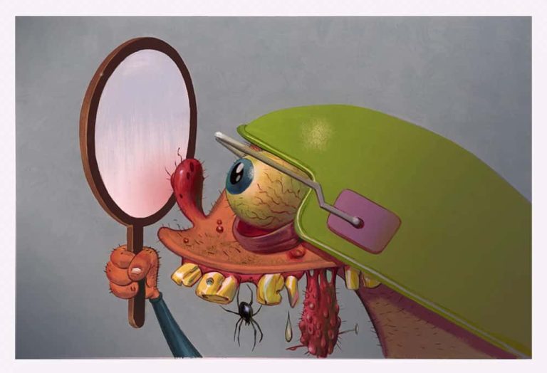 Illustration of cartoon brain with green hat looking in hand mirror