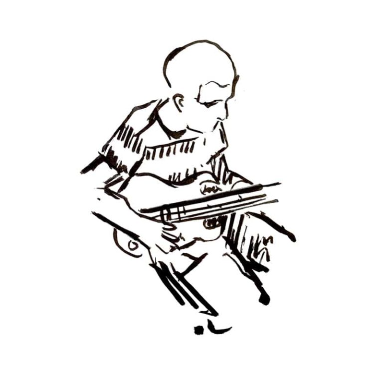 A still from a short animation, of a man playing a guitar. Drawn in a sketchy ink style.