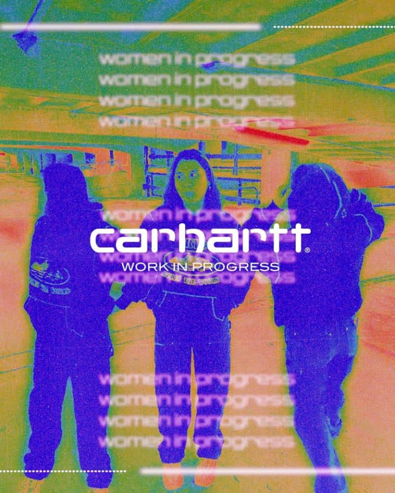 A psychedelic, heat-map style image of a female model in three different poses, wearing Carhartt WIP clothing, coloured in blue, surrounded by shades of green, orange and red.