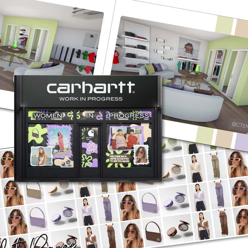 Visual design of a shop front and window merchandising for fashion brand Carhartt, by Charlotte Marchment