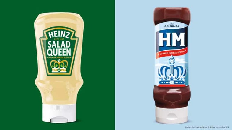 An image of a Heinz salad cream bottle on a green background, next to a bottle of HP brown sauce on a pale blue background. The 'cream' of salad cream has been changed to 'Salad Queen', and the 'HP' has been changed to 'HM', in celebration of the Queen's platinum jubilee.