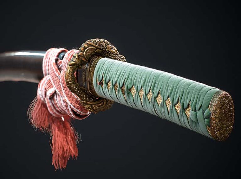 Image of 3D rendered sword with green handle and pink rope knotted around the blade