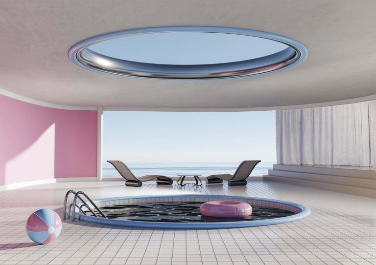 Image showing rendered image of two deck chairs next too small indoor pool with donut float and beach ball