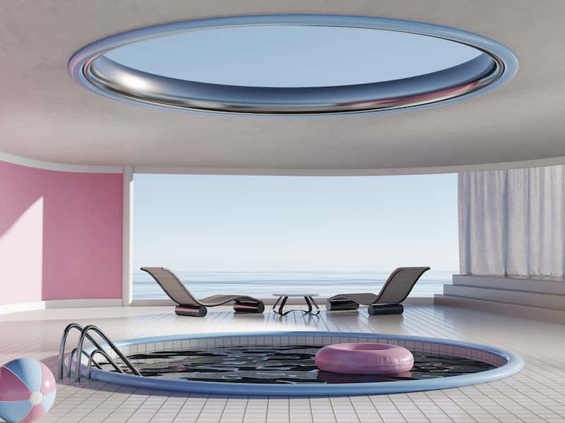 Image showing rendered image of two deck chairs next too small indoor pool with donut float and beach ball