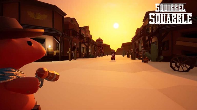 Screenshot of first person shooter game set in the Wild West with a squirrel shooting a gun wearing a sheriff hat