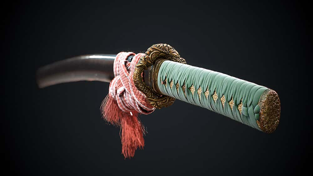 Image of 3D rendered sword with green handle and pink rope draped round the blade