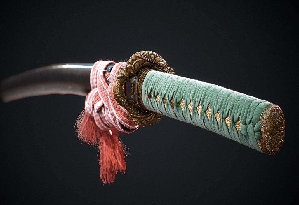 Image of 3D rendered sword with green handle and pink rope draped round the blade