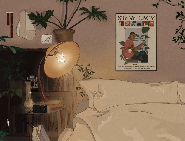 Illustration of bedroom with bed, lamp, plants and a poster on the wall