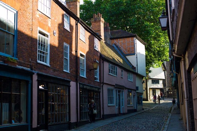 Image showing bottom of Elm Hill with cobbled streets and pastel buildings