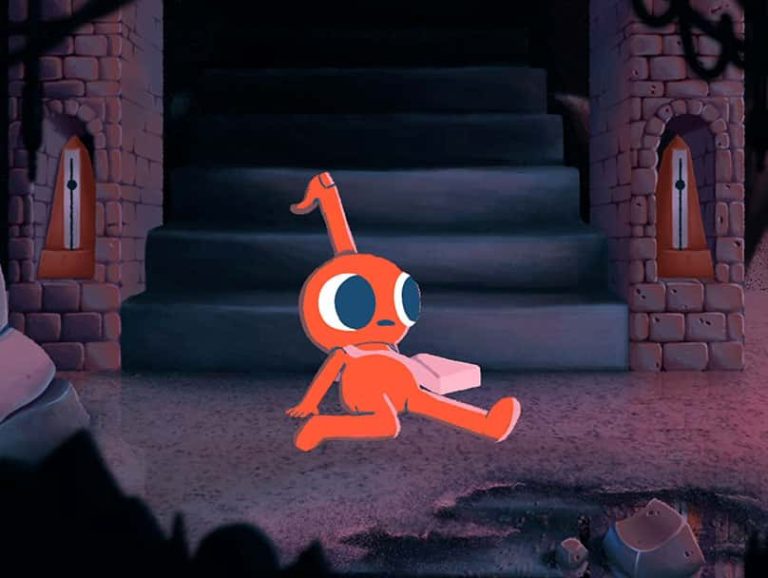 Image of 2D Animation still of soft red character sitting in an old building