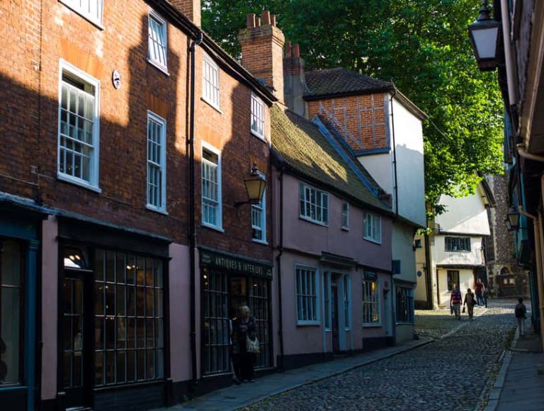 Image showing bottom of Elm Hill with cobbled streets and pastel buildings