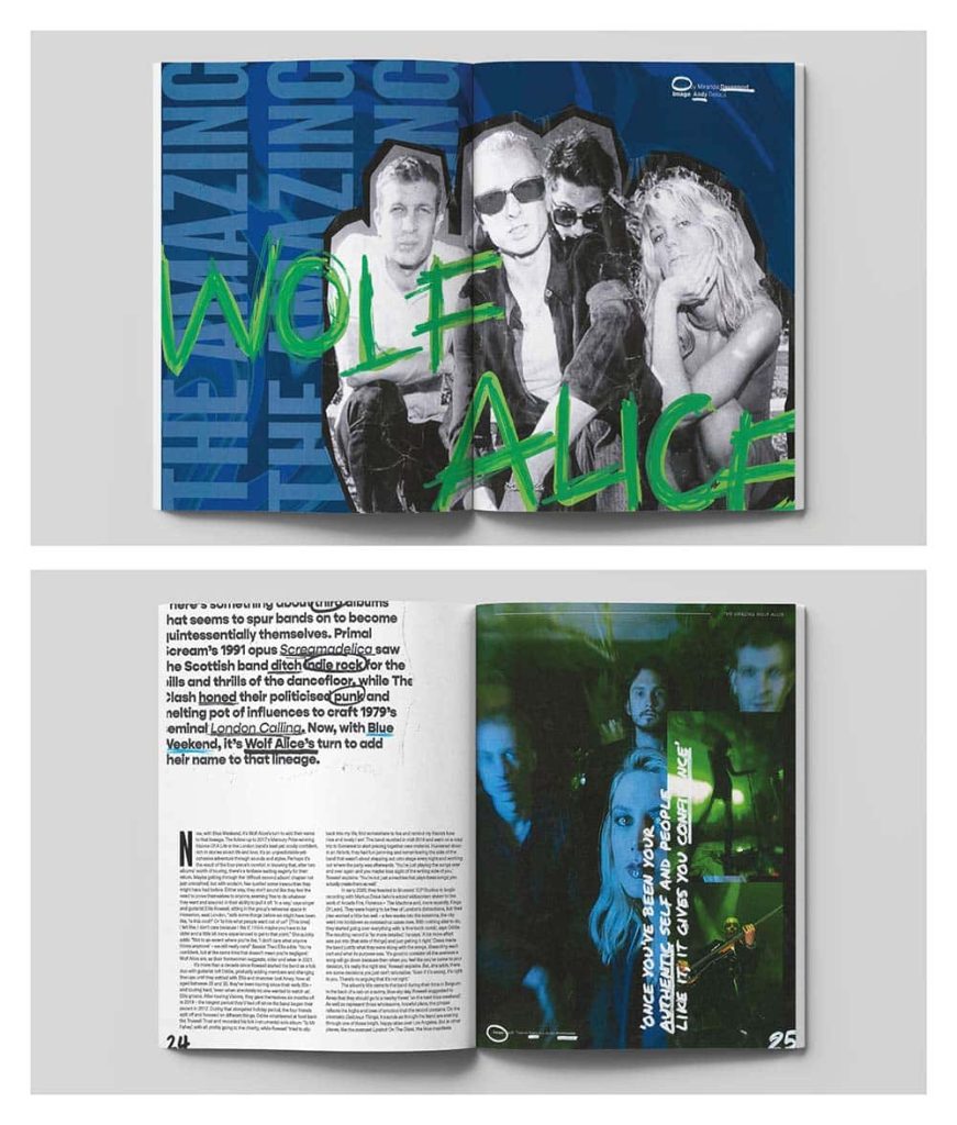 Magazine spread with music group Wolf Alice photographed in black and white with green type