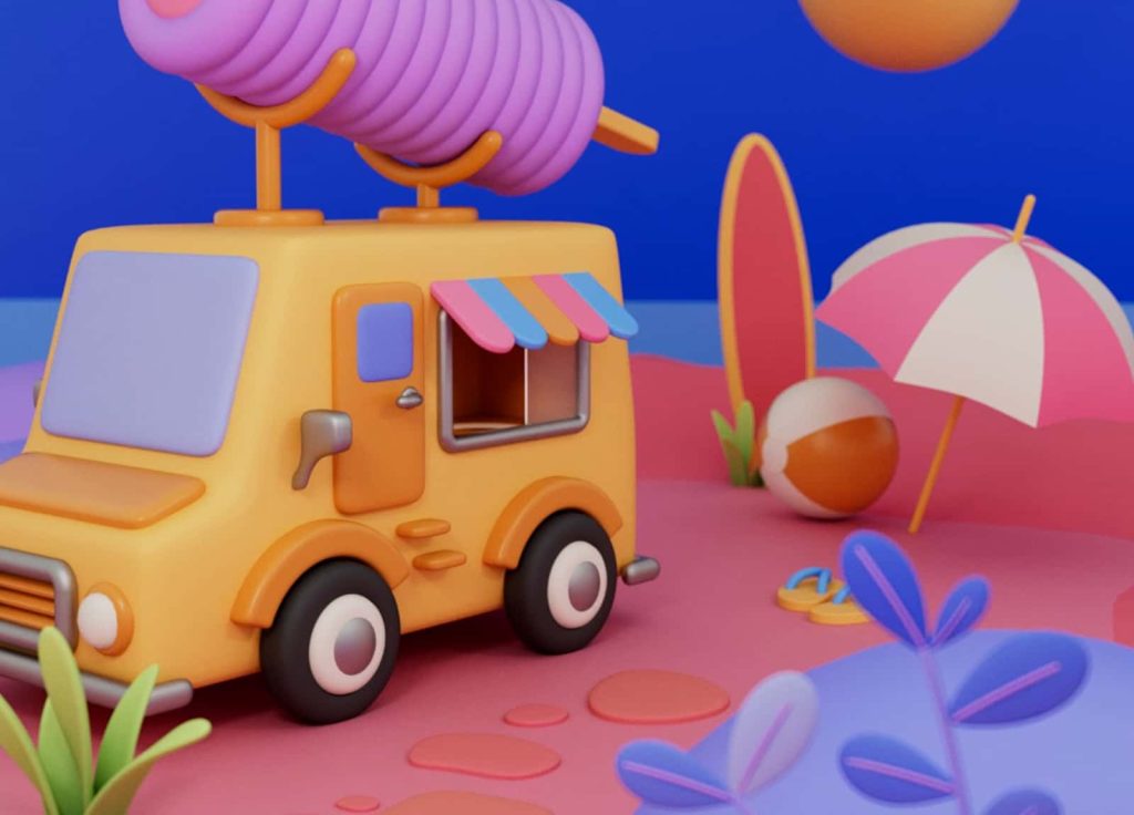 Still from animation created by August Abrahamsson. A yellow ice cream van with a giant purple lolly on the roof is parked on a pink beach. A yellow and white beach ball sits under a pink and white umbrella. Colours are hyper saturated.