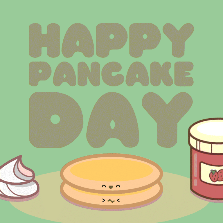 Animation by August Abrahamsson. Cartoon pancakes with little faces fall from the top and stack on top of each other. On a green background is written 'Happy Pancake Day'