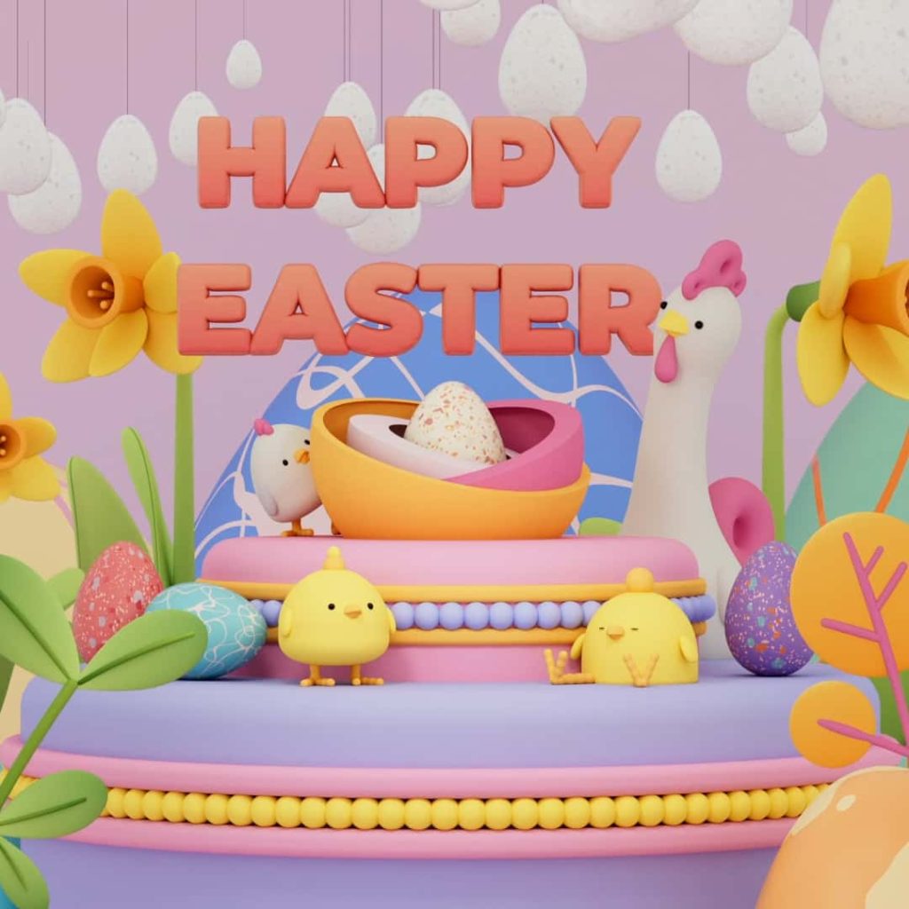 Still from animation by August Abrahamsson. Three chicks and a chicken are sitting on a three-tiered cake, with an egg on top. The cake is surrounded by daffodils and leaves. 'Happy Easter' is in pink capital letters above.