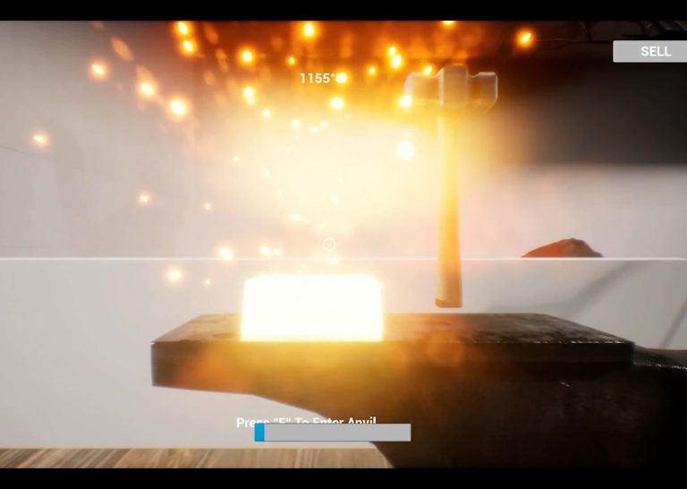 Still from game 'BlackSmith'. A white-hot metal brick is glowing on an anvil, surrounded by sparks. Next to it a hammer waits to strike the ingot.