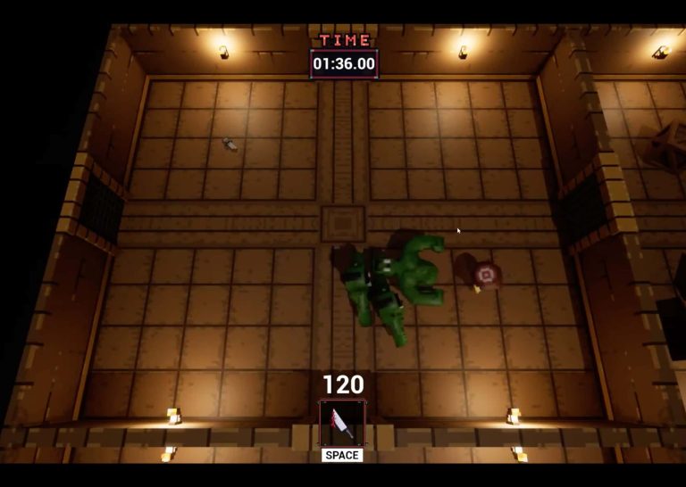 Still from game 'The Hardest Route'. A bird's eye view of a torch-lit room with a grid pattern on the floor. A character with a target on his head is being chased by three green orcs with glowing white eyes.