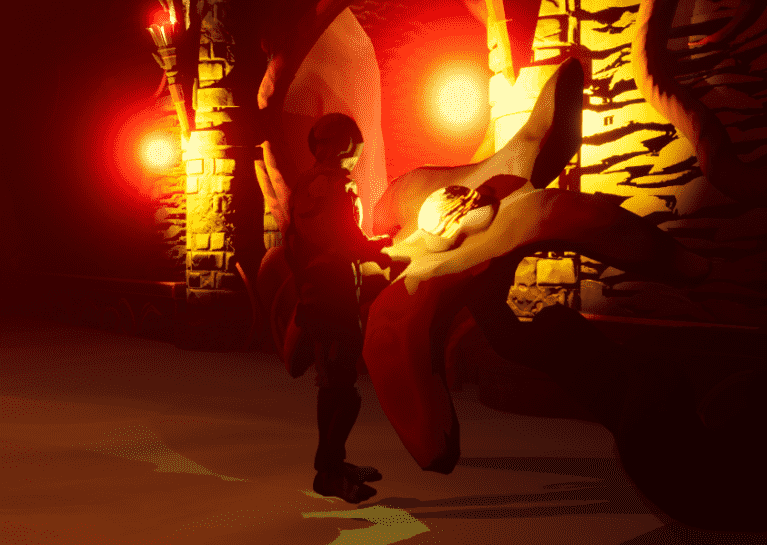 A still from game 'Verdant'. A character stands next to a futuristic control panel shaped like a root. The scene is lit by flaming torches set into gothic-style brick walls, casting a red light across the image.