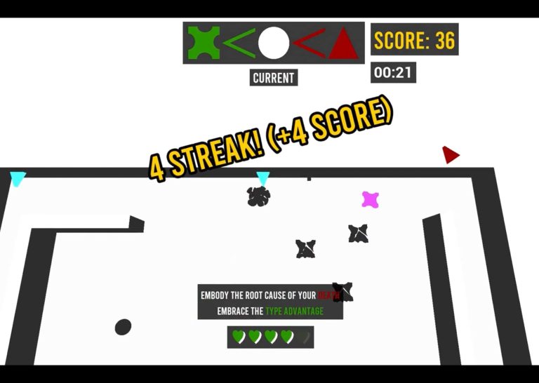 Still from game 'Vertex'. Arcade-style game; a black box is on a white background, with multicoloured shapes moving across the screen. Large yellow text shows a 4 streak has been achieved.