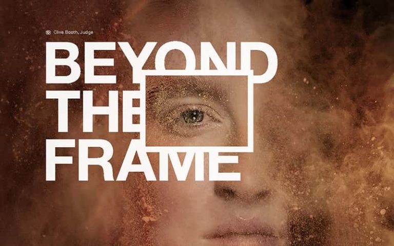 Beyond the Frame logo on top of an image of a women's face surrounded by orange swirling dust.