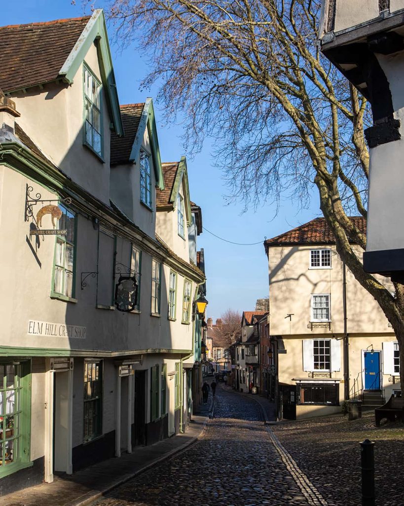 A photograph of Elm Hill in Norwich, Norfolk. A cobbled narrow street full of shops on a sunny winters day.