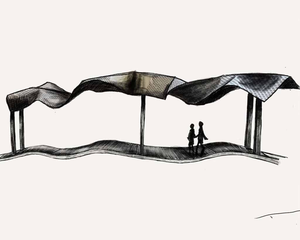 A black and white sketch of a snake shaped floor and ceiling installation.