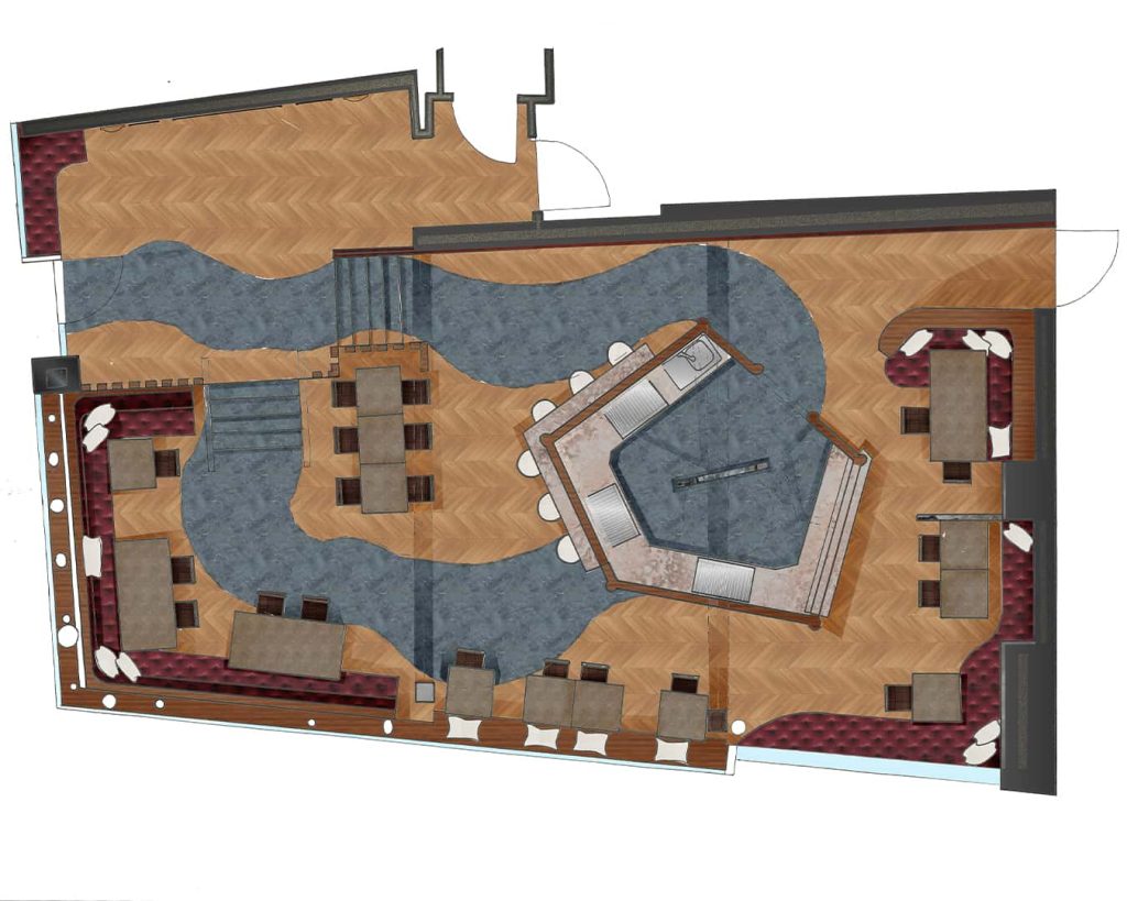 A digital floor plan of a Mexican themed restaurant.