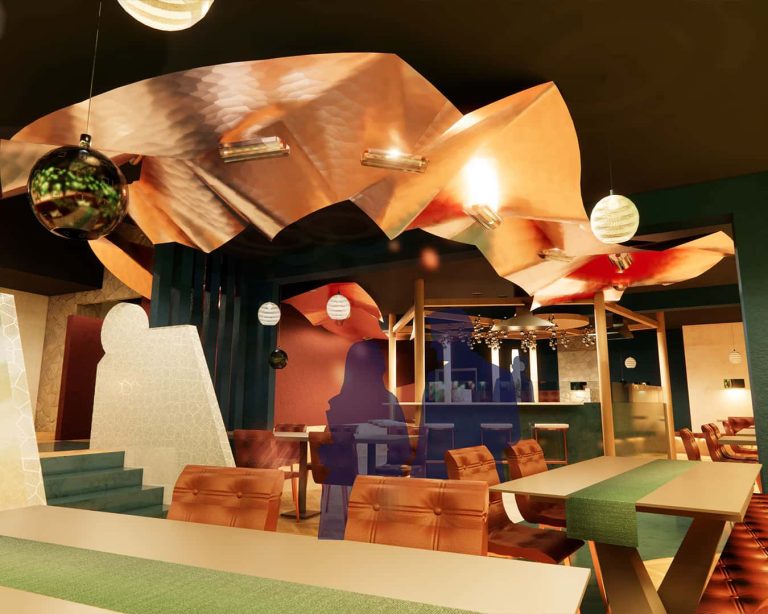 A digital design of a Mexican themed restaurant space. The interior design is brightly coloured and includes a large copper light installation.