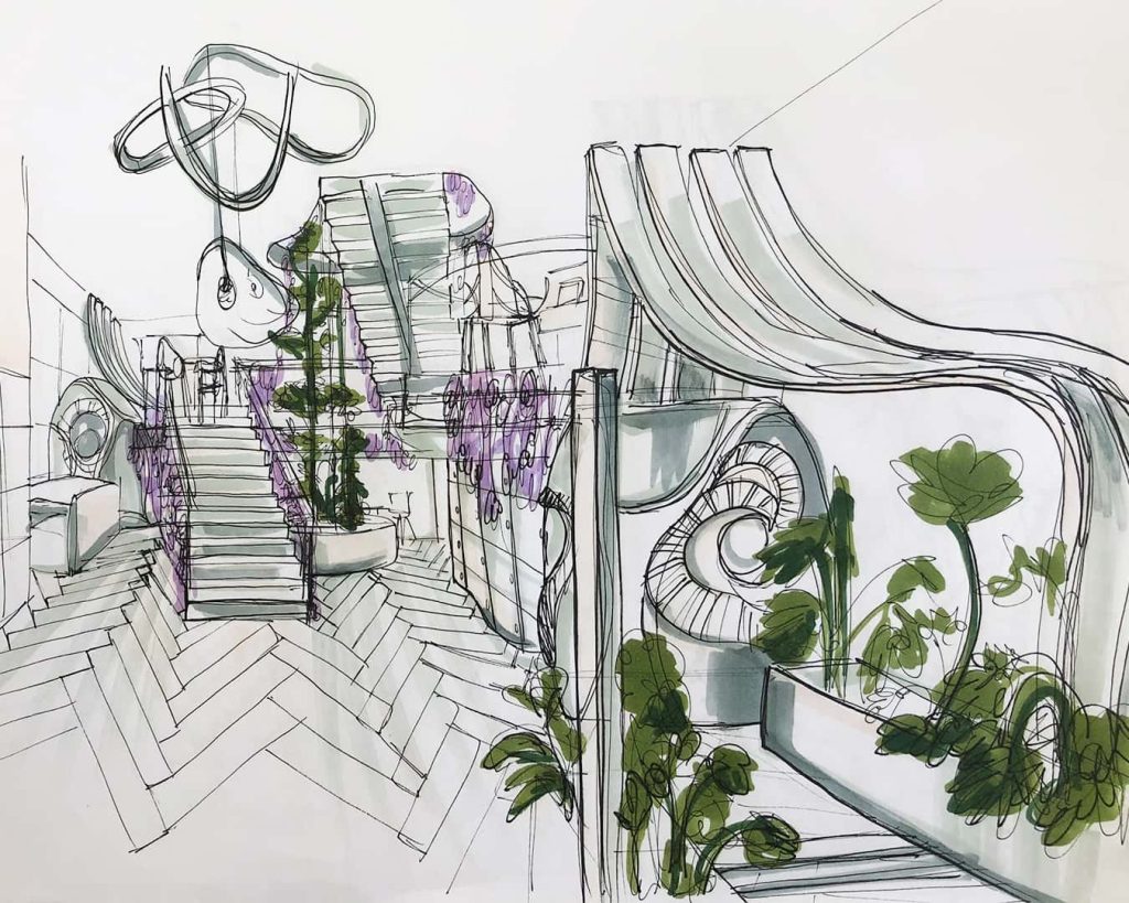 A sketch of a main office area. The image features a large staircase and hanging greenery.