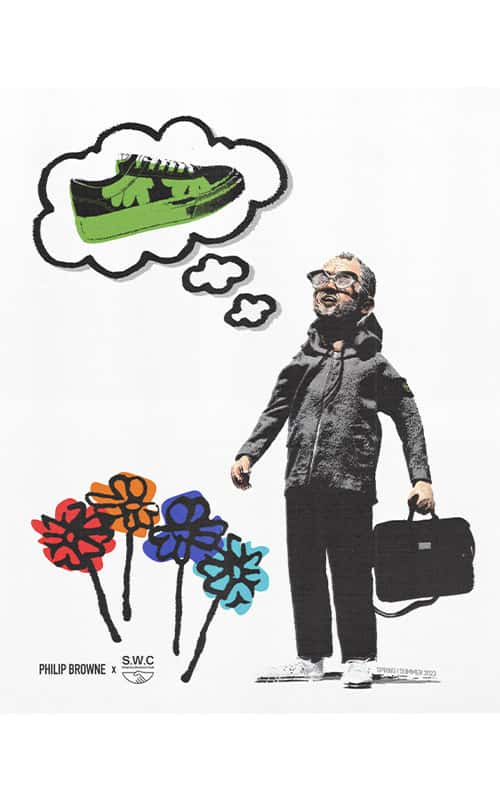 An illustration of Philip Brown thinking about Stepney Workers Club trainers in a thought bubble. The illustration of Philip is also holding a briefcase and standing next to four large flowers coloured red, orange, purple and blue.