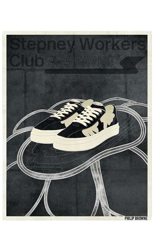 An animation of Stepney Workers Club footwear. The black trainers with white tread are in the centre of the image whilst shoe sole like patterns surround them.